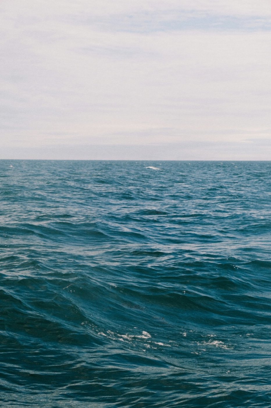 Deep blue Pacific swell under a pale overcast sky