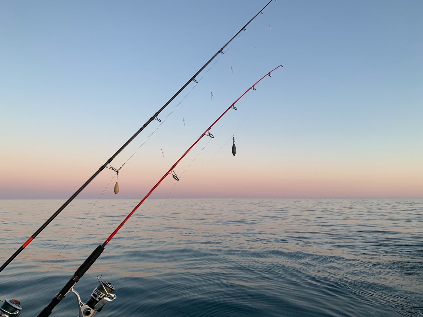 Two fishing rods rigged with weights over calm evening water